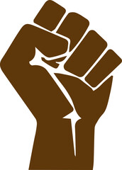Stylized brown raised fist silhouette is being shown in flat design, with transparent background