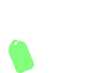 Flat design neon green label tag swinging by thin white string on transparent backdrop, copy space