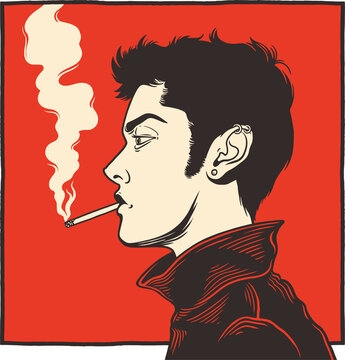 Stylized flat design showing male figure smoking over red block on transparent background