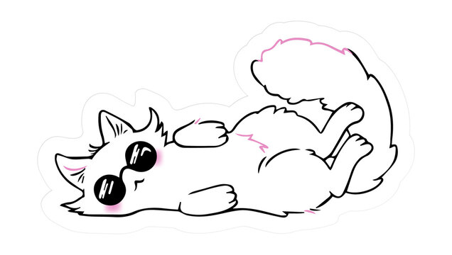 Fototapeta White cartoon cat is lying on back in flat design, wearing sunglasses, transparent background