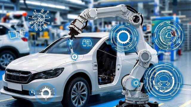 Advanced Robotic Arm Assembling Modern Automobile in High-Tech Production Facility