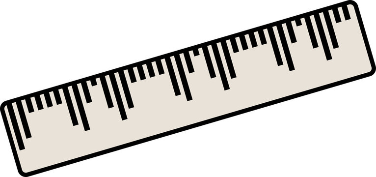 Flat design ruler is floating diagonally on transparent background, showing black measurement ticks