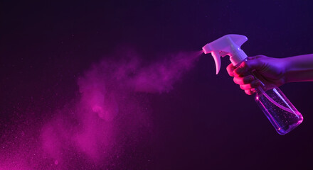 Hand holding spray bottle with purple mist against dark background. Neon lighting effect and cleaning product concept