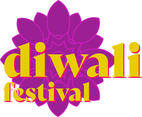 flat design Diwali festival card is featuring yellow text over purple mandala, transparent backdrop