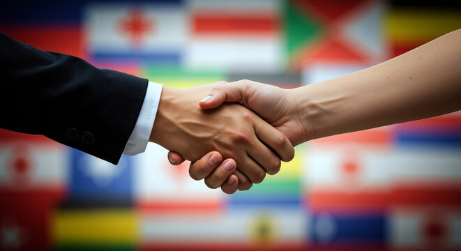 Professional handshake between business partners with colorful international flags blurred background. Global cooperation and diplomatic relations concept