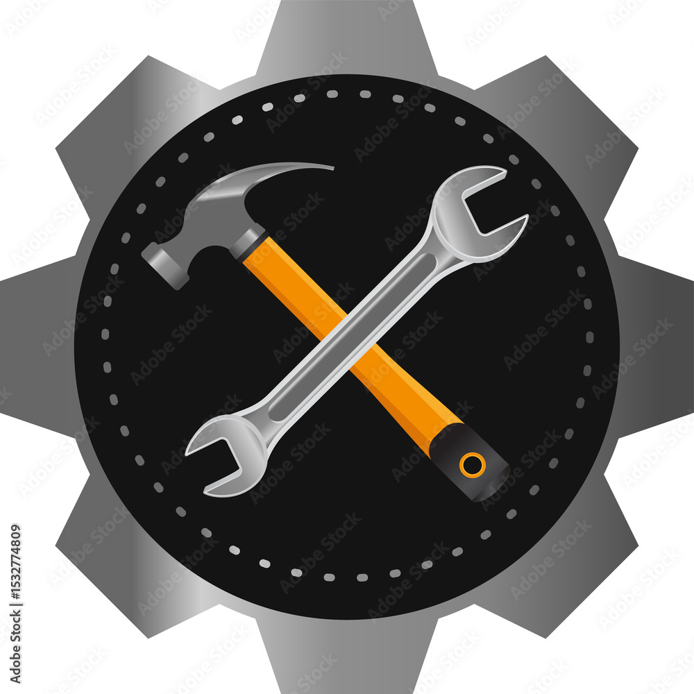 Poster vector showing crossed hammer and wrench on gear badge with dotted border transparent background