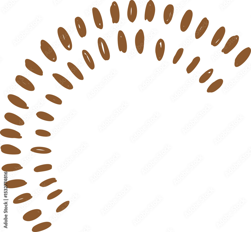 Poster displaying stylized abstract pattern of brown ovals forming sunburst arc on transparent background
