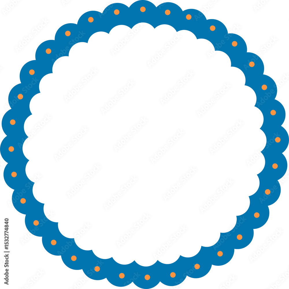 Aufkleber displaying flat design scalloped frame with blue scallops and orange dots on transparent background