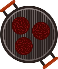 Flat 2D top-down BBQ grill is cooking three patties on grates, orange grips, transparent background