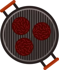 Gordijnen Flat 2D top-down BBQ grill is cooking three patties on grates, orange grips, transparent background © vectorfusionart