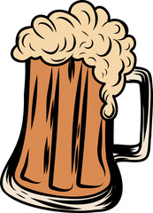 Stylized beer mug is overflowing with frothy foam in flat design, transparent background