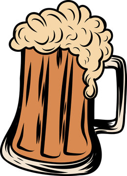 Naklejki Stylized beer mug is overflowing with frothy foam in flat design, transparent background
