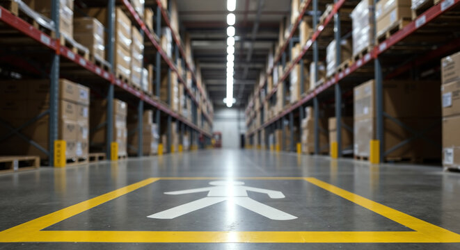 White directional arrows on yellow floor marking in industrial warehouse with high storage shelves. Logistics navigation and warehouse safety concept