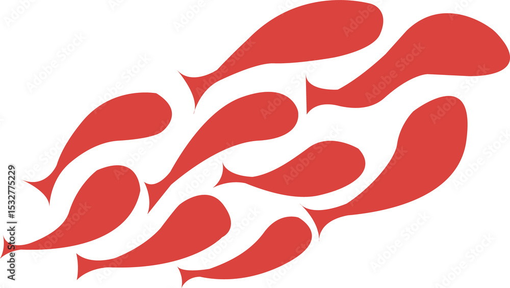 Poster abstract red shapes are flowing in flat vector design, evoking flames on transparent background