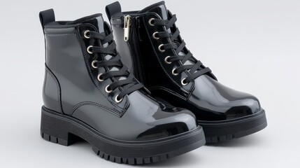 Black patent leather ankle boots with gold buckles, a stylish choice for fall and winter