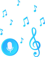 Flat vector is showing blue gradient mic button, treble clef, music notes on transparent background