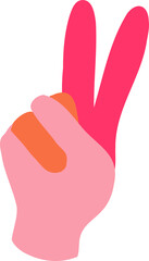 Pastel pink hand is making peace sign in flat design with orange tip nails, transparent background