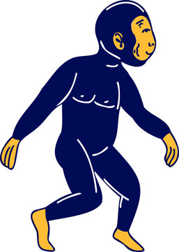 Flat design monkey-human figure is walking with navy body and yellow face on transparent background