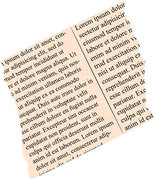 Flat design showing torn beige paper having two serif Lorem ipsum columns on transparent background