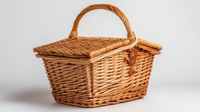Rustic wicker basket with sturdy handle, ideal for storage, picnics and home decor