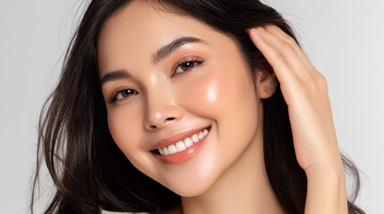 Obraz premium Striking portrait of a woman with long, flowing black hair, captivating study of beauty and elegance