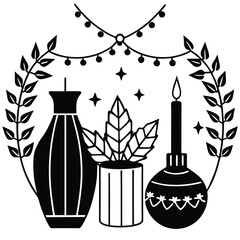 Stylized Holiday Still Life with Foliage and Warmth, Depicting Peace and Tradition, Featuring a Wreath of Leaves and a Candle, Perfect for Holiday Cards and Festive Decor