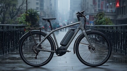 Electric bike poised on a rain-slicked urban bridge, blending technology and design