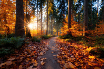 Fototapeta premium Beautiful autumn woods with a sunbeam shining through colorful trees during golden hour