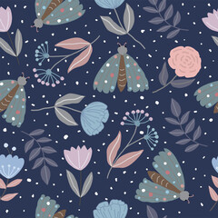 Seamless floral pattern with tulips, butterflies, colorful flowers and leaves and white dots on a brown background. Use for textiles, wallpapers and prints.
