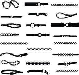 Extensive collection of black vector chain belt and buckle silhouettes, perfect for fashion design, apparel concepts, and accessory graphic projects.