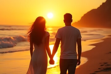 Romantic young couple walking on the beach at sunset