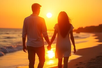 Romantic young couple walking on the beach at sunset