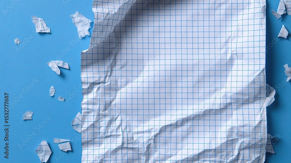Poster crumpled white notebook sheet with blue grid on background