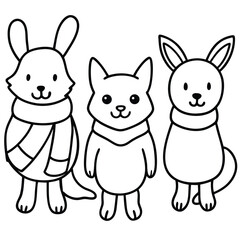 Whimsical Winter Trio: A Cute Cartoon Gathering of a Fox, a Puppy, and a Rabbit Bundled in Cozy Scarves, Radiating Warmth and Friendship in a Playful Illustration