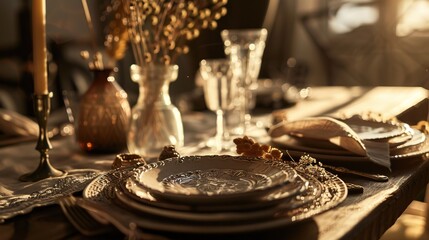 Bohemian Table Setting with Artisanal Ceramics and Vintage Silverware, Close-Up of Rustic Dining Decor with Dried Florals and Textured Linens, Ideal for Restaurant Menu or Wedding Invitation Design