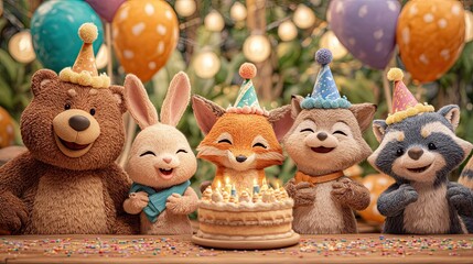 Fototapeta premium Colorful celebration scene featuring adorable animal characters, including a bear, rabbit, fox, and raccoon, joyfully gathered around a birthday cake with festive decorations and balloons