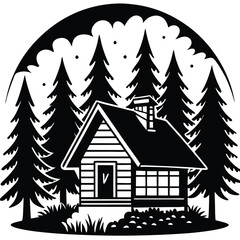 Obraz premium Serene Cabin Retreat: A Black and White Silhouette of a Cozy Cabin Nestled Among Towering Pine Trees Under a Soft Cloudscape, Evoking a Sense of Tranquility and Natural Beauty