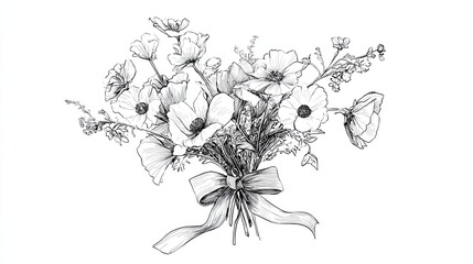 Floral bouquet illustration featuring various flowers with intricate details, tied with a ribbon, showcasing elegance and beauty in a minimalist style for decorative purposes