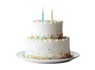 Delicious two tiered birthday cake with candles and sprinkles, Isolated On Transparent Background