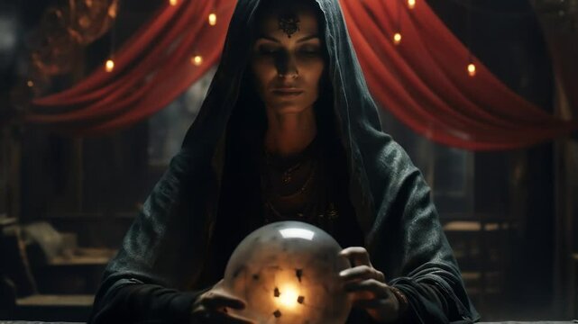 Gypsy fortune-teller with a crystal ball to guess the future, inside a fair or circus tent. Mystical show of a witch or sorceress with a gift for futurism. Cinematic scene