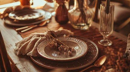 Bohemian Table Setting with Artisanal Ceramics and Vintage Silverware, Close-Up of Rustic Dining Decor with Dried Florals and Textured Linens, Ideal for Restaurant Menu or Wedding Invitation Design