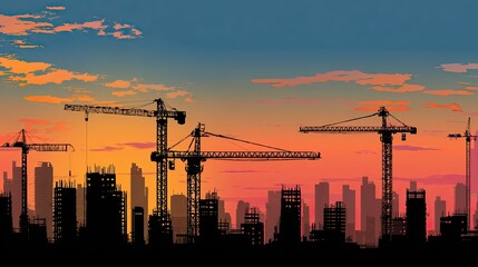 Fototapeta premium Construction cranes silhouetted against a vibrant sunset sky, showcasing an urban skyline with buildings under development, representing growth and progress in city infrastructure