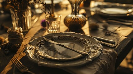 Bohemian Table Setting with Artisanal Ceramics and Vintage Silverware, Close-Up of Rustic Dining Decor with Dried Florals and Textured Linens, Ideal for Restaurant Menu or Wedding Invitation Design
