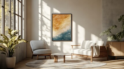 Living room interior design with modern furniture and abstract wall art for home decor inspiration