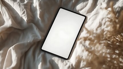 Tablet mockup on bed with soft light and shadows for digital design and app presentation template