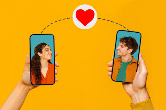 Virtual date. Creative collage of young couple on the screens of smartphones, connected with string and heart, yellow background