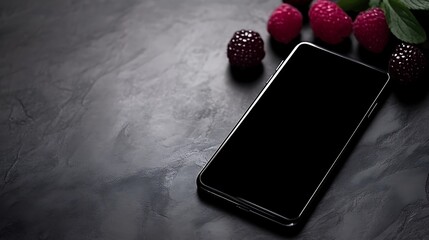 Smartphone mockup with raspberries and mint on dark background for product presentation and advertising