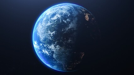 A rendered image of planet earth with visible clouds and city lights at night