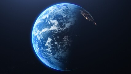 Earth view from space showing clouds continents and night time city lights