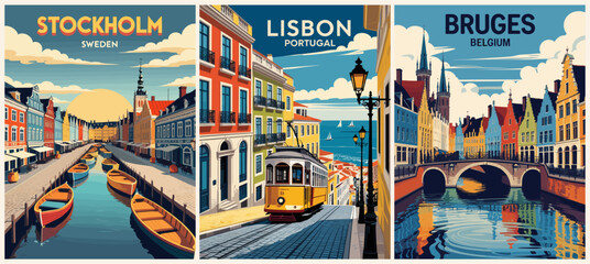 Set of Europe travel destination posters in retro style. Lisbon, Portugal, Bruges, Belgium, Stockholm, Sweden colorful cityscape vector illustrations